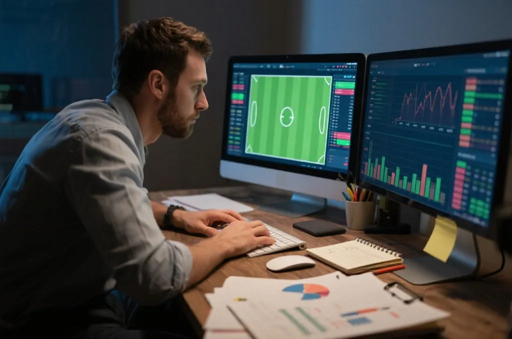 人在电脑前分析足球盘口，桌面有笔记和统计图