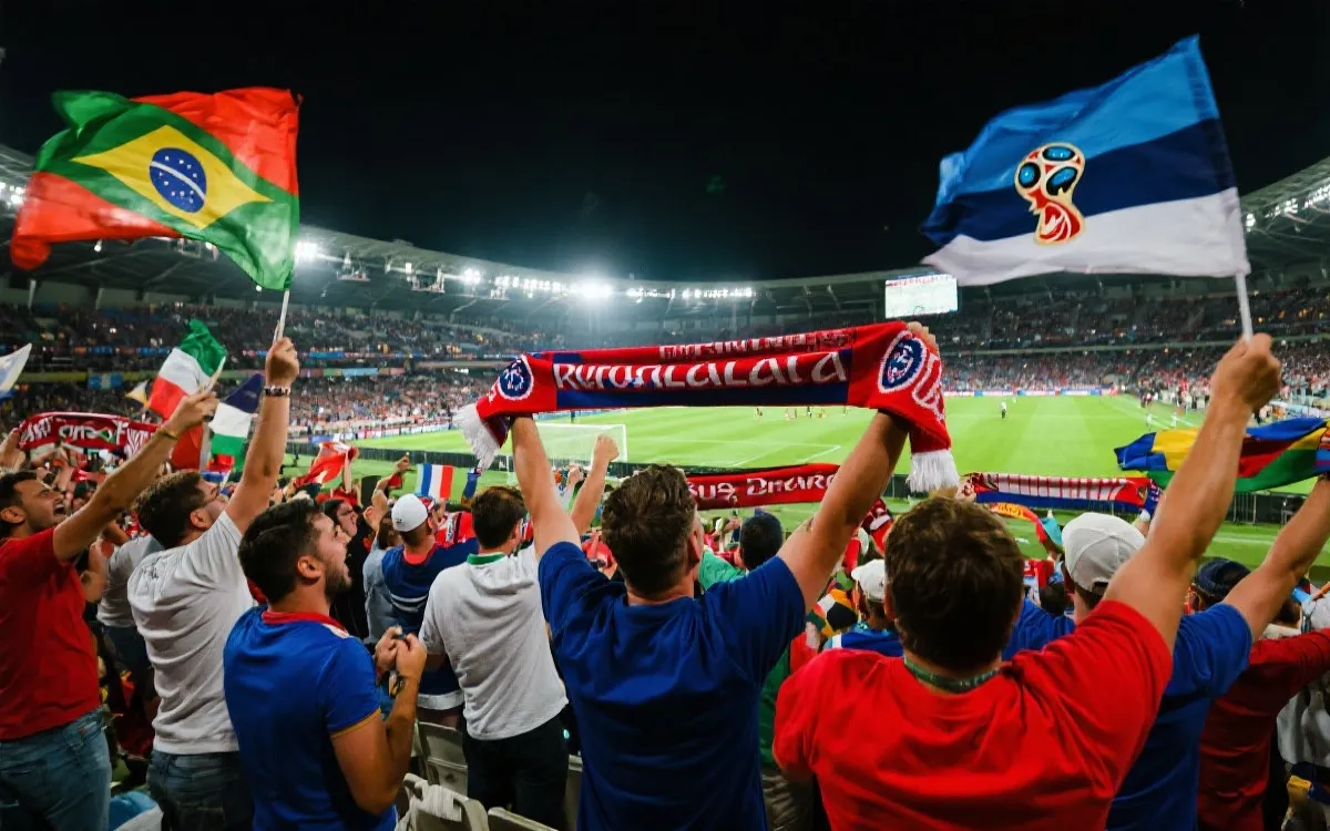 球迷在世界杯看台上挥舞旗帜充满情感的场景