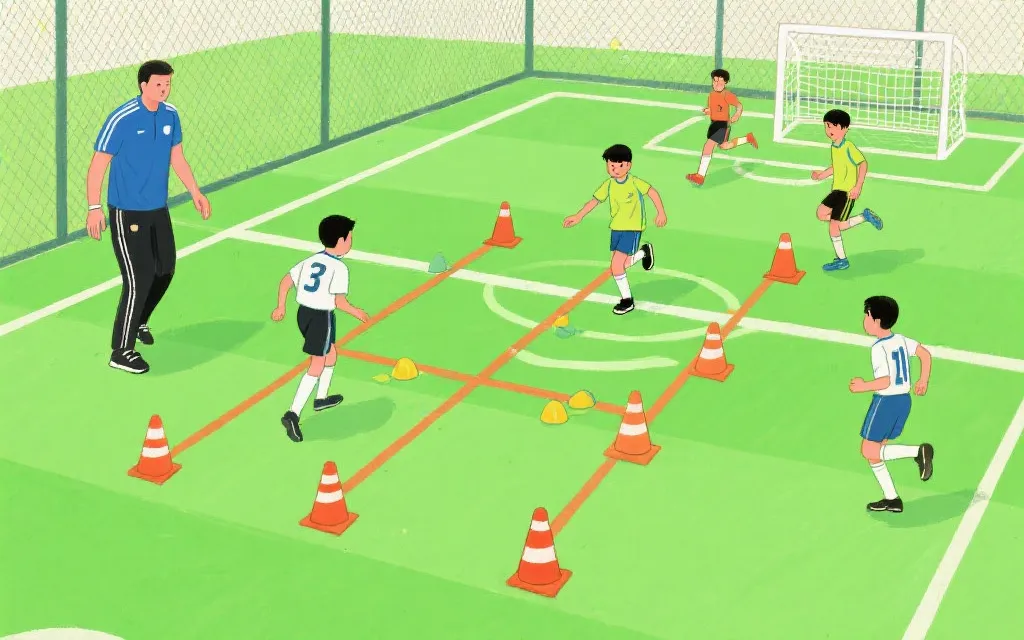 青训训练场景：教练带领球员进行逼抢反击与终结选择训练，带有战术标记与分区