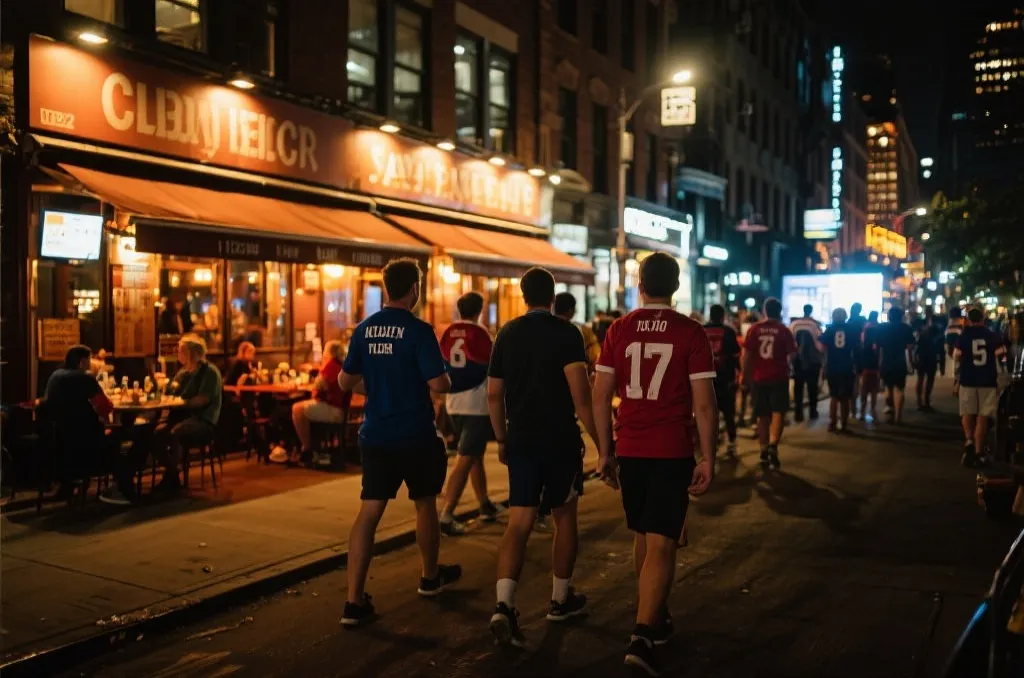 球迷在城市夜色中步行前往直播点，街边餐馆灯光温暖，氛围轻松