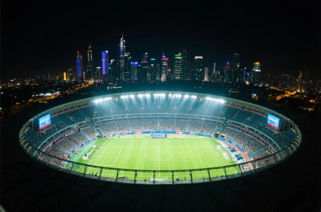世界杯球场夜景,灯光明亮,周围城市天际线清晰可见,呈现大型赛事的热度
